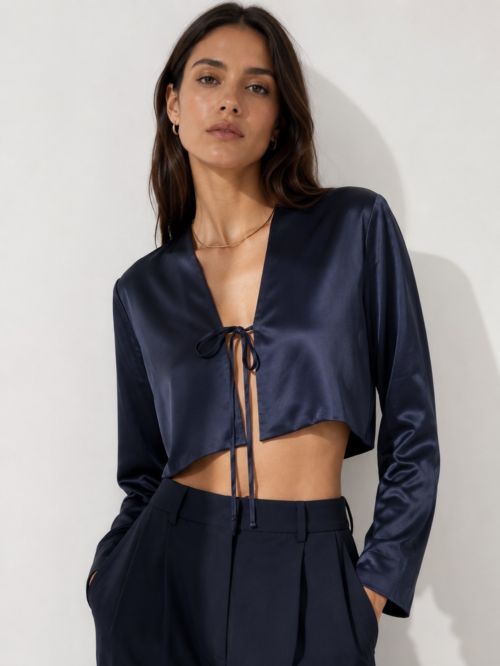 LESET Navy Satin Crop Tie Cardigan Long Sleeve Top XS